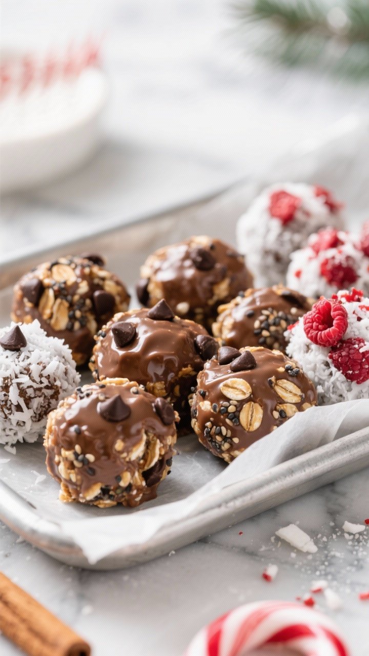 Close-up detail shot: A tight cluster of North Pole Fuel Energy Bites freshly rolled and set, showin