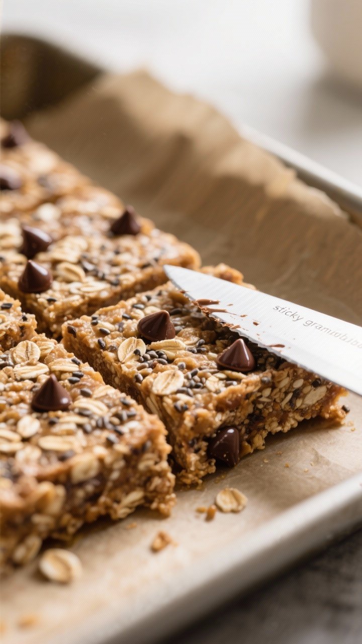 Close-up detail shot: A tight macro of a just-sliced energy bite square from the 8x8 pan, showing gl