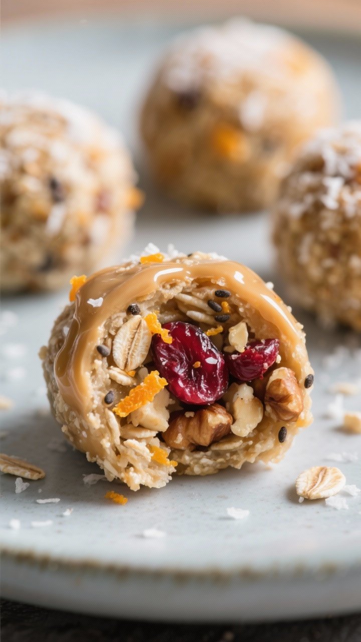 Close-up detail shot: A tight macro of rolled Cranberry Orange Protein Bites, one bite split open to