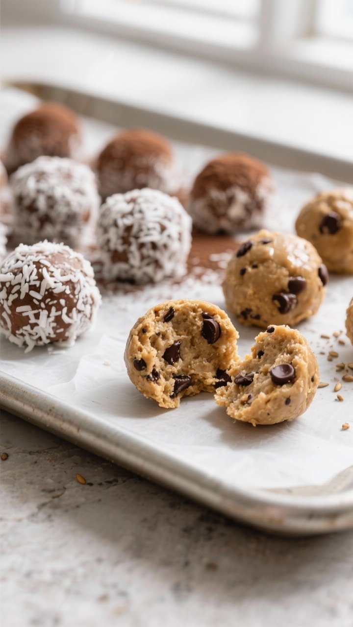 Close-up detail shot: A tray of finished Almond Butter Protein Bites just out of the chill, one bite