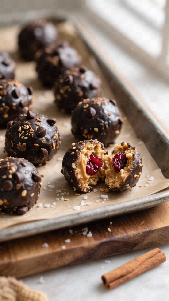 Close-up detail shot: A tray of finished Black Friday Energy Bites, each rolled to a glossy, uniform