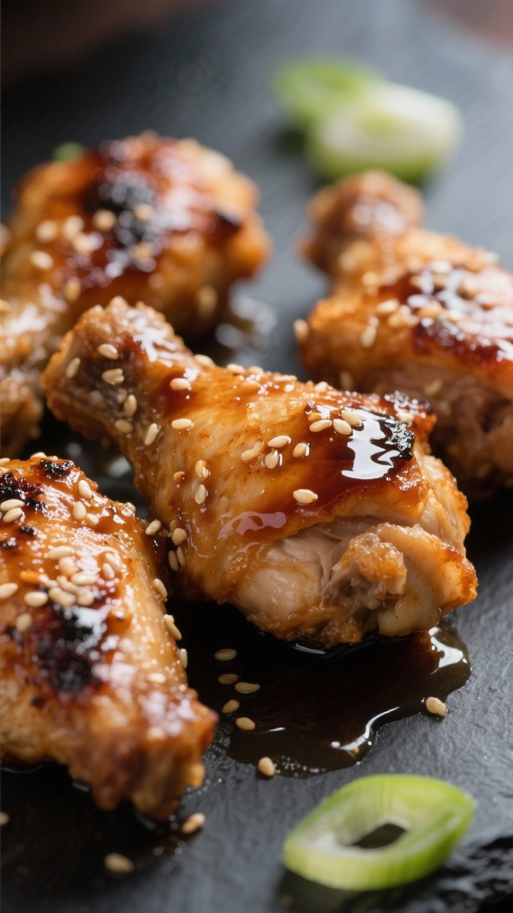 Close-up detail shot: Air-fried teriyaki chicken thigh pieces just after the final gloss, coated in 