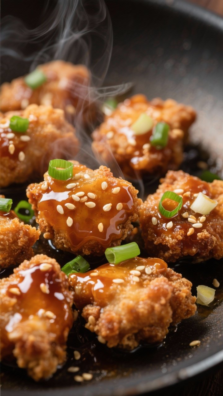 Close-up detail shot: Crispy sesame chicken bites just after saucing, glistening glossy amber-brown 