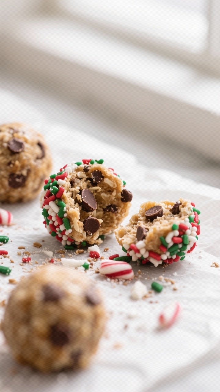 Close-up detail shot: Freshly rolled Holly Jolly Protein Balls being coated in festive holiday sprin