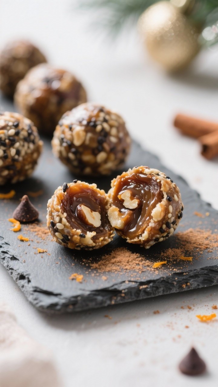 Close-up detail shot: Freshly rolled Nutcracker Energy Balls on a cool slate board, one ball split o