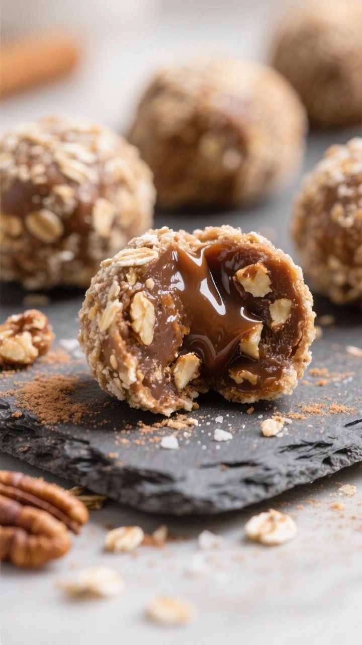Close-up detail shot: Freshly rolled Pecan Pie Protein Bites with a chewy-fudge interior and glossy 