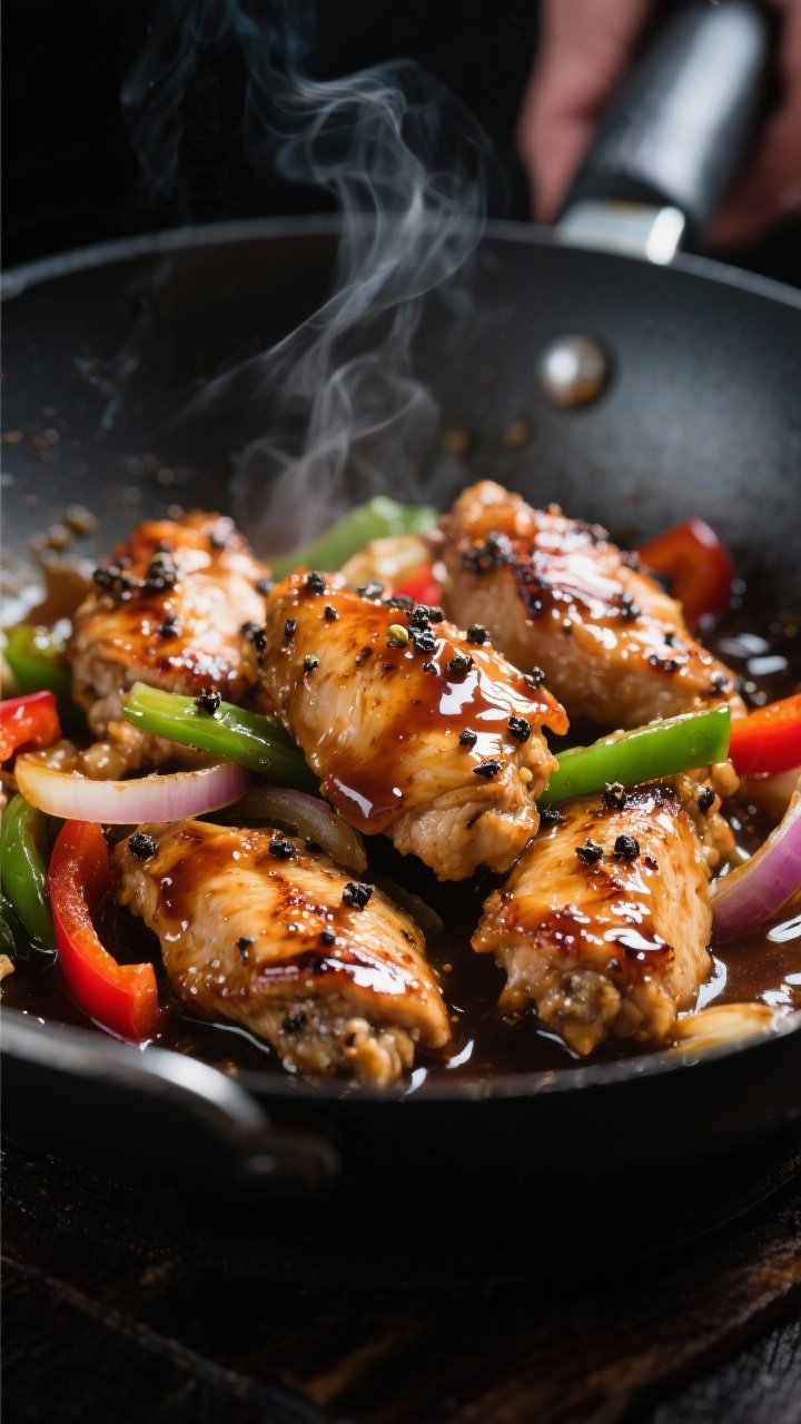 Close-up detail shot: Glossy black pepper chicken pieces just after “Sauce it up,” glistening wi