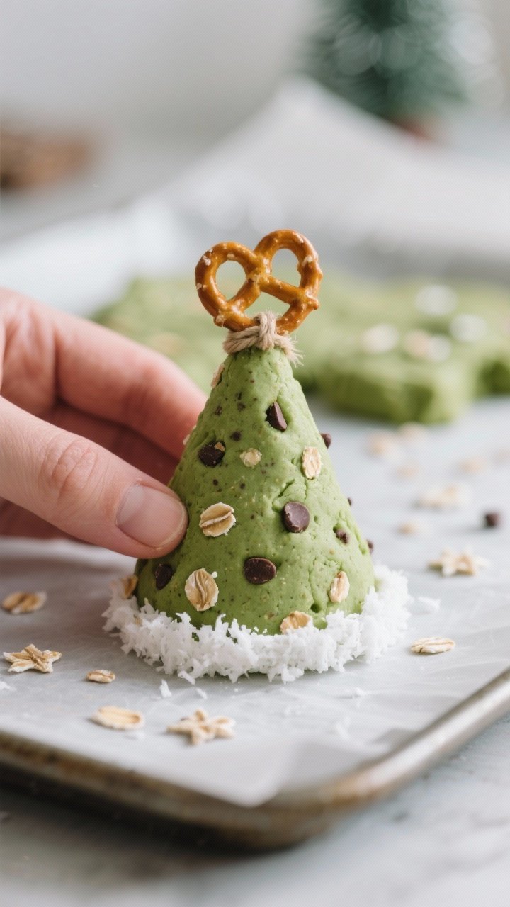 Close-up detail shot of a single Christmas Tree Protein Bite being shaped into a small cone, play-do
