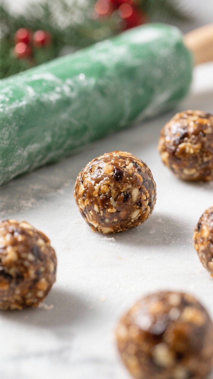 Close-up detail shot of Christmas Eve Energy Bites being rolled after chilling: perfectly round 1–