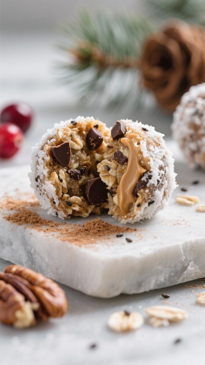 Close-up detail shot of finished Christmas Morning Protein Bites just out of the chill, one bite spl