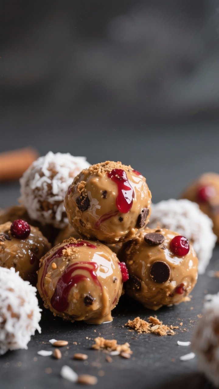 Close-up detail shot of finished Day-After-Thanksgiving Energy Balls just after rolling: a cluster o