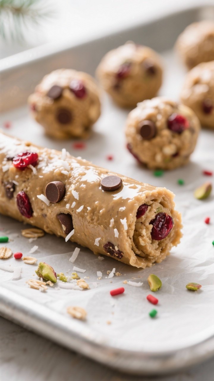 Close-up detail shot of Santa’s Workshop Energy Bites mid-rolling: glossy, well-mixed oat and nut-