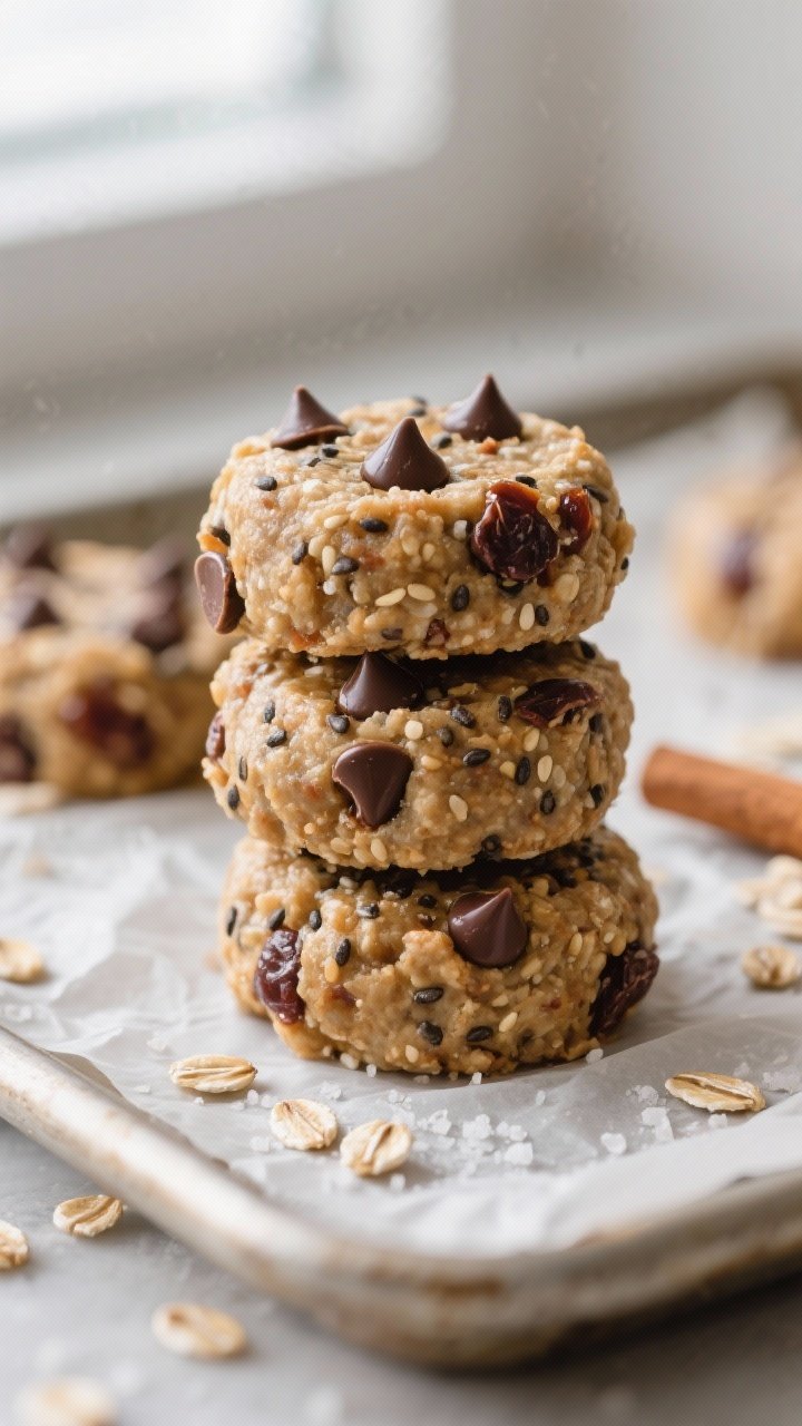 Close-up detail shot of Turkey Trot Energy Bites just after chilling, stacked three high on a parchm