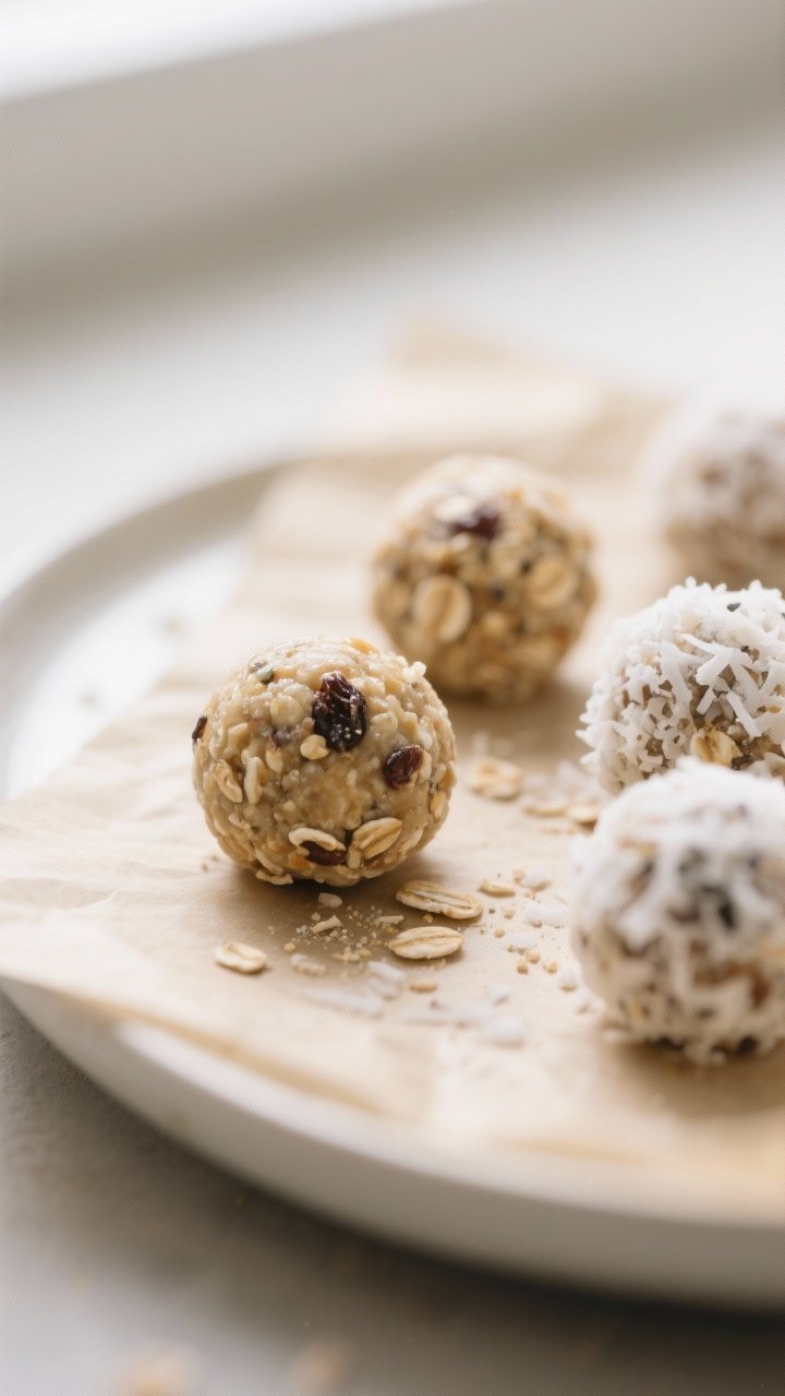 Close-up detail shot: teaspoon-sized toddler energy balls freshly rolled, 3/4–1 inch, soft and smo