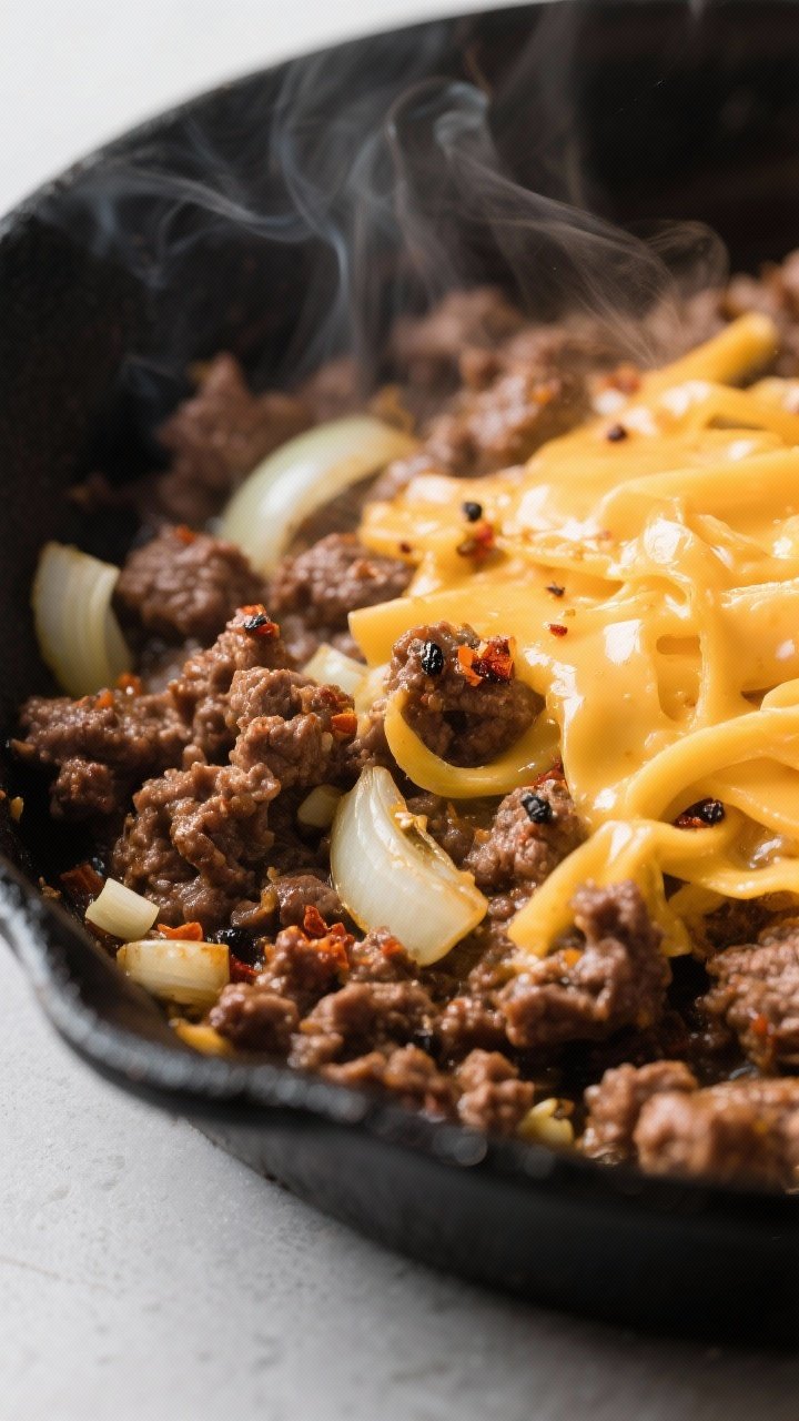 Close-up detail: Sizzling browned ground beef in a skillet just off-heat, cheddar shreds melting int