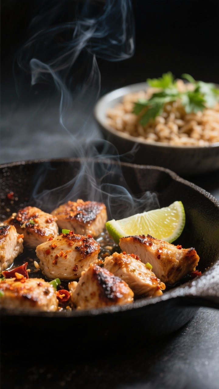 Close-up detail: Sizzling chili-cumin chicken bites finishing in a cast-iron skillet, browned edges 