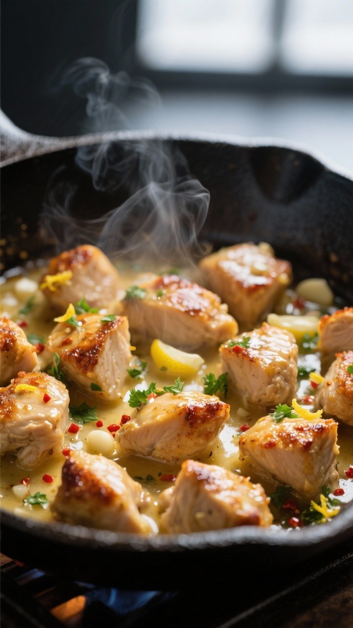 Close-up detail: Sizzling garlic butter chicken bites in a dark cast-iron skillet over medium-low he