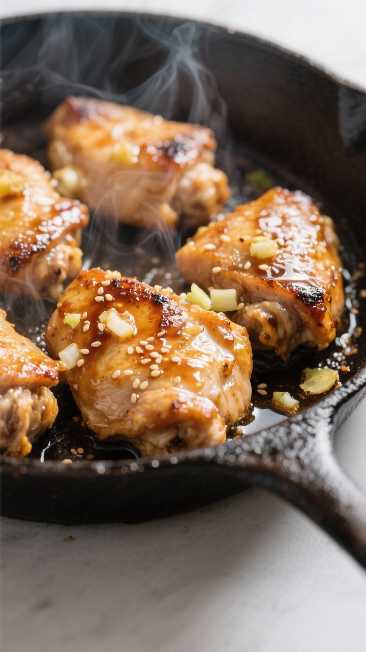 Close-up detail: Sizzling hibachi-style chicken thigh pieces in a cast-iron skillet just after seari