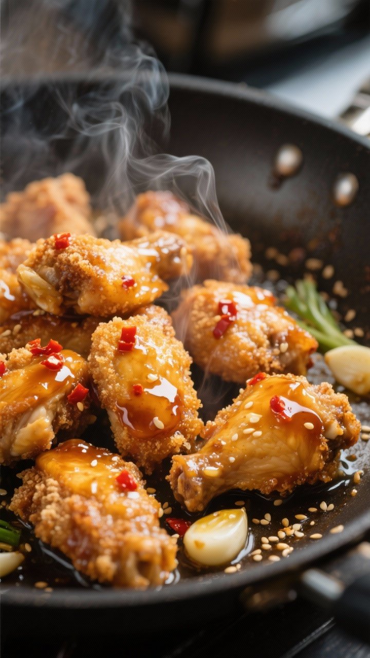 Close-up detail: Sizzling hot honey chicken just after glazing in the skillet—golden, crispy corns