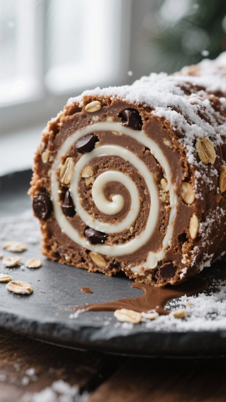 Close-up detail: Slice of Yule Log Energy Bar with glossy white-chocolate spiral mimicking tree ring