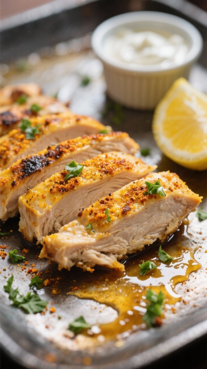 Close-up detail: Sliced chicken shawarma just off the skillet, golden spice-crusted edges with visib