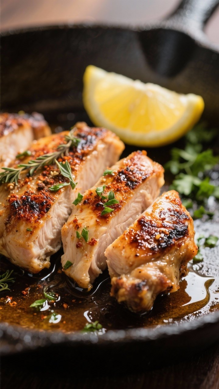 Close-up detail: Sliced lemon-herb chicken thighs just off the skillet, deeply browned with charred