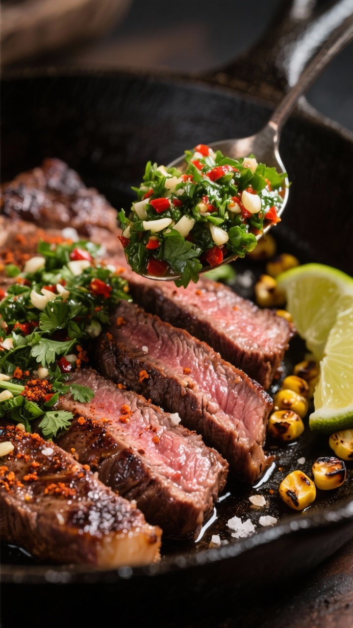 Close-up detail: Sliced, medium-rare skirt steak just after resting, deep brown, char-kissed crust w
