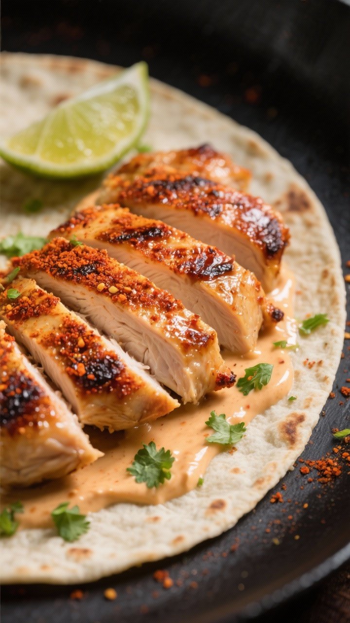 Close-up detail: Sliced smoky chicken just off the grill/skillet, glistening with a chili powder–s