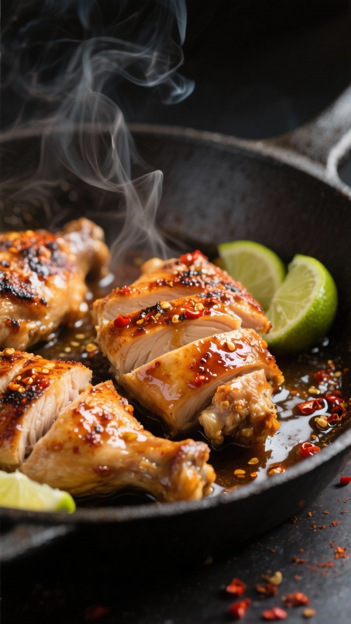Close-up detail: Sliced spicy chicken thighs in a skillet just after glazing, glossy chili-lime-hone