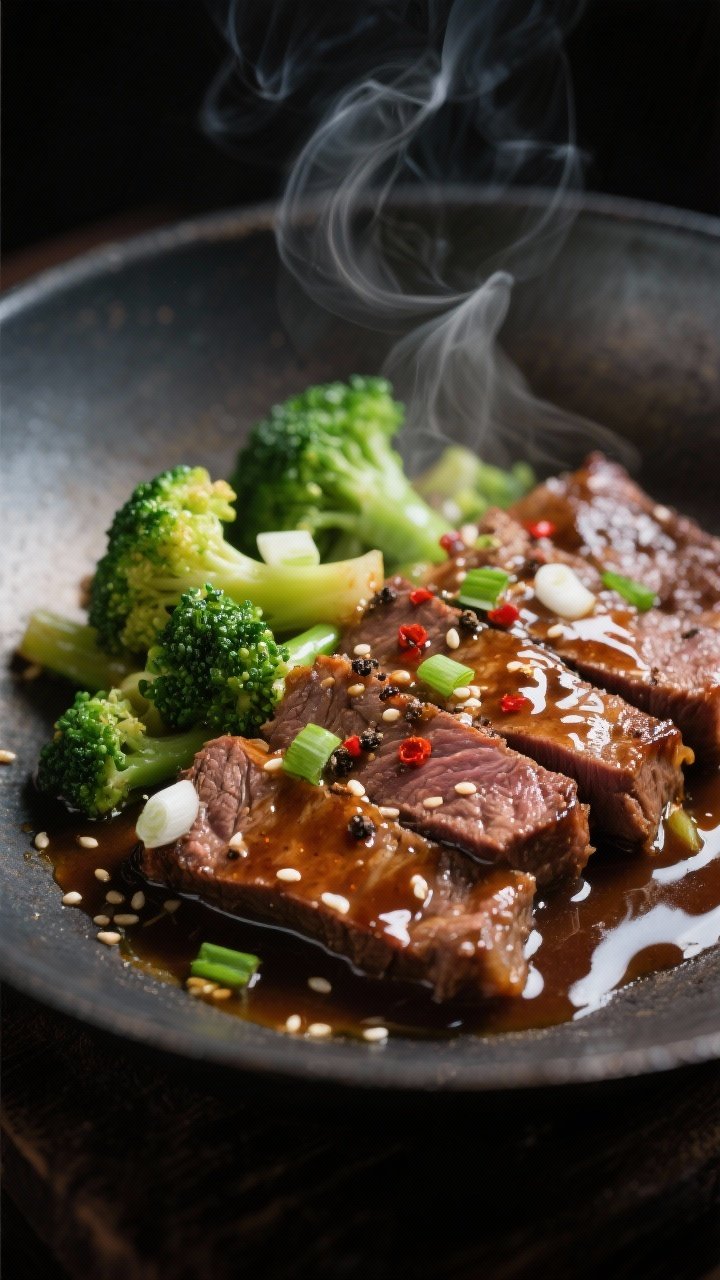 Close-up detail: Slices of seared flank steak glistening in a glossy soy–oyster–honey sauce, nes