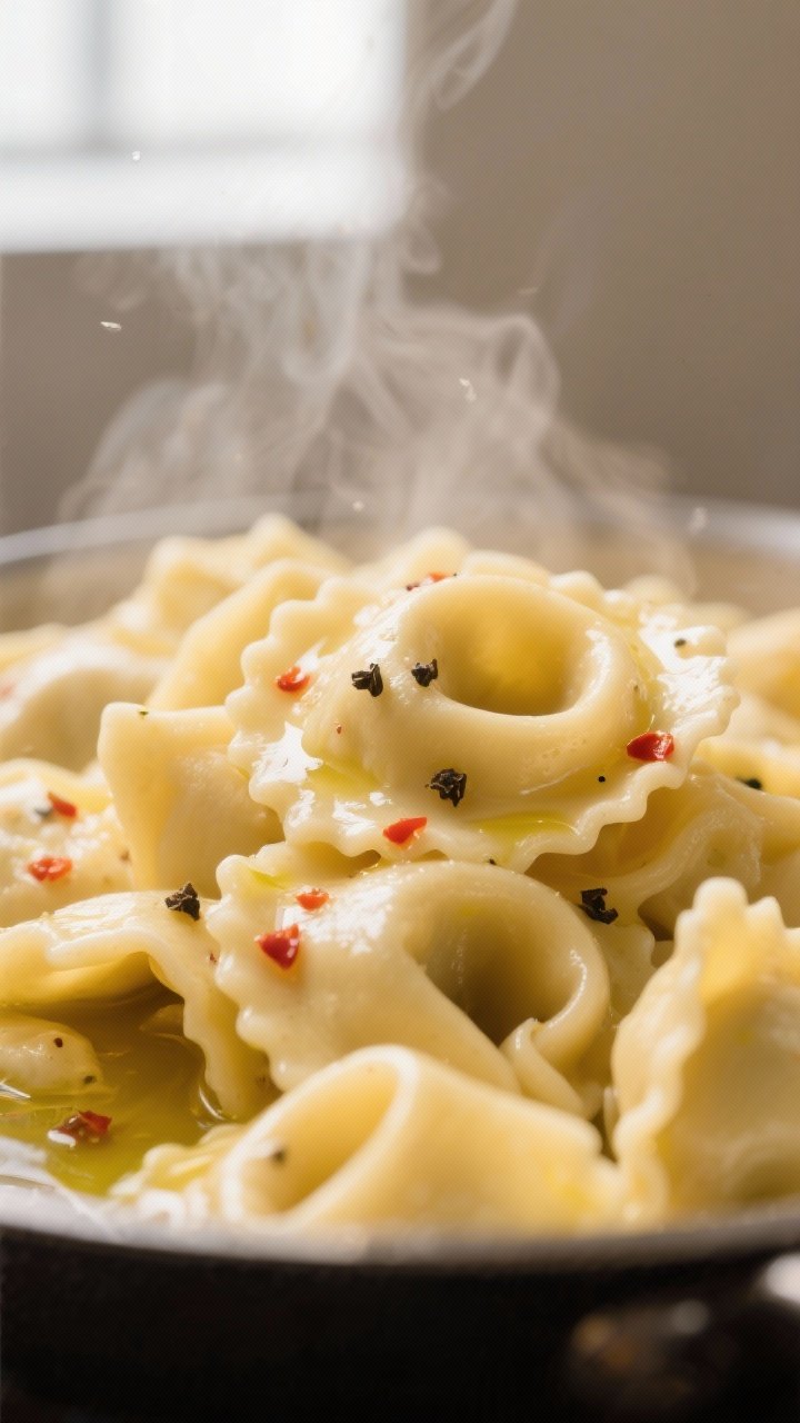 Close-up detail: Steaming-hot cheese tortellini just drained and tossed with a sheen of olive oil, a