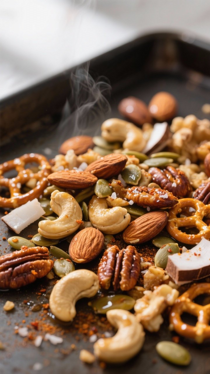 Close-up detail: Warm, freshly toasted almonds, cashews, pecans, and pumpkin seeds glistening with a