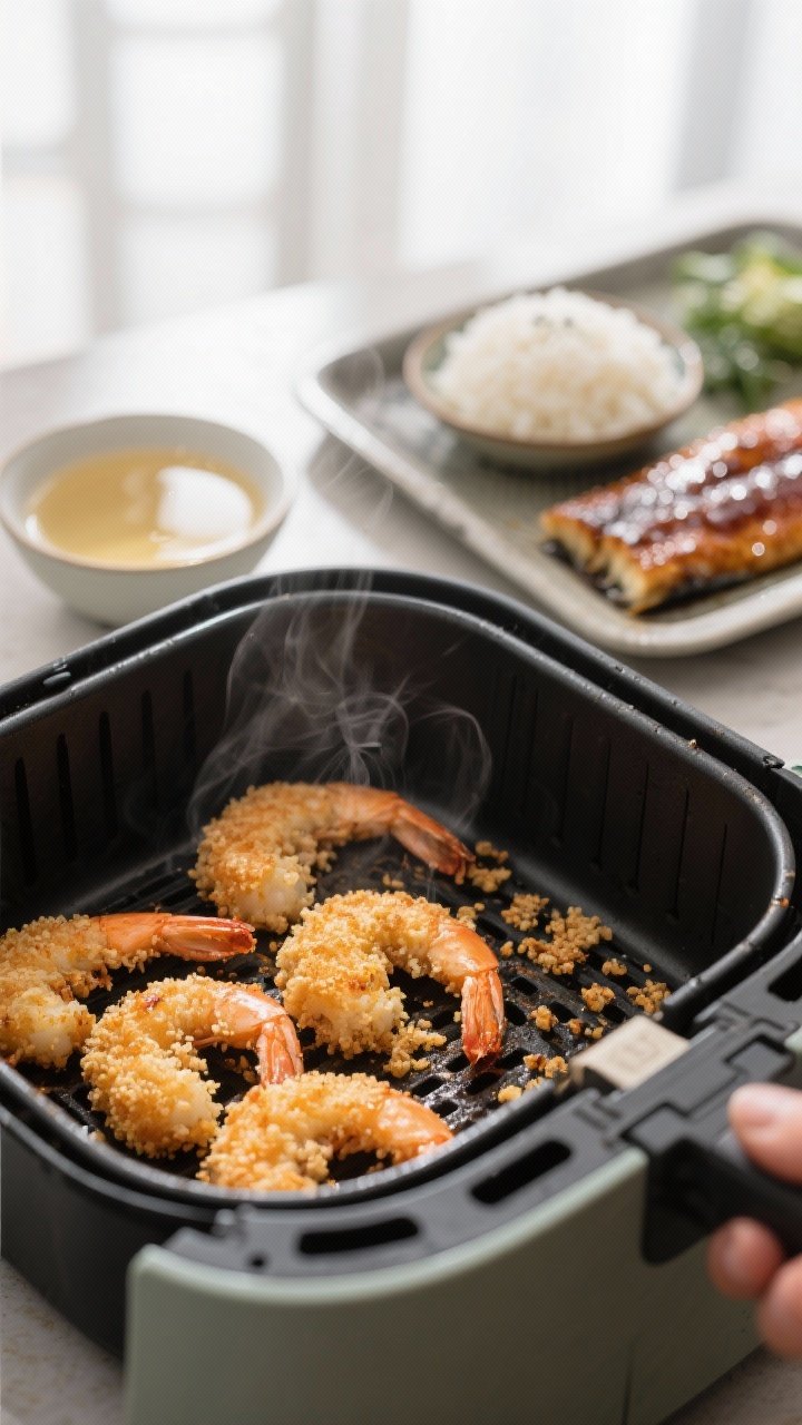 Cooking process: Air fryer basket mid-cook with breaded shrimp turning golden at the edges, a light 