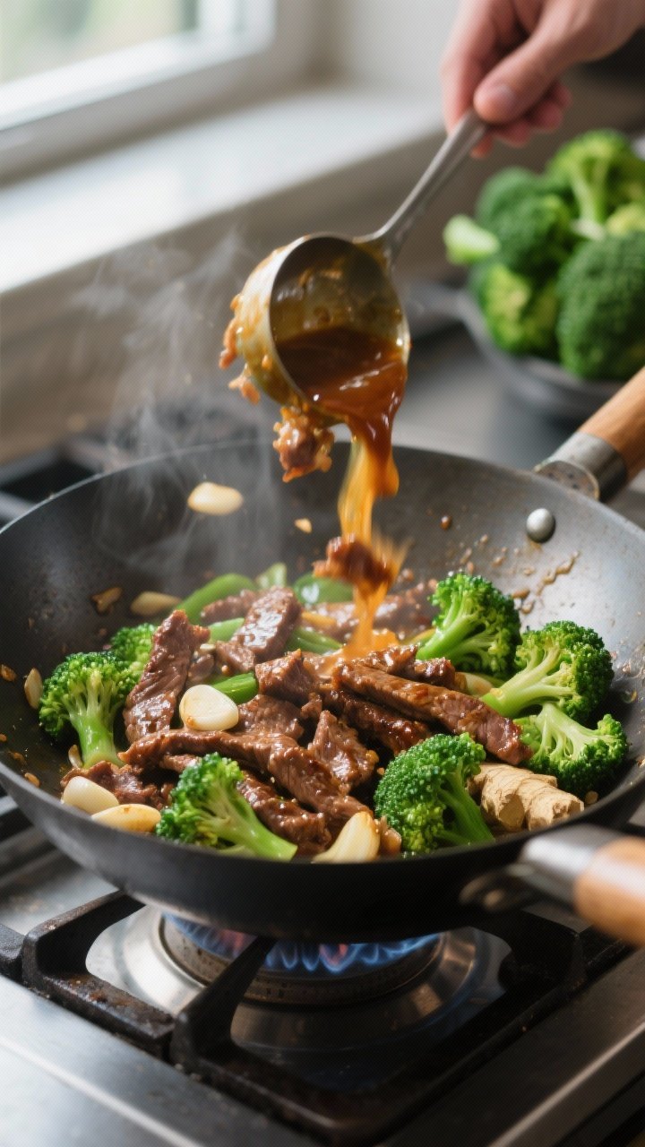Cooking process: Beef and Broccoli Stir Fry mid-toss in a hot wok—beef strips just seared, garlic 