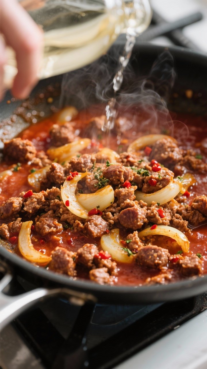 Cooking process — browning and deglazing: In-pan close-up of crumbled Italian sausage deeply brown
