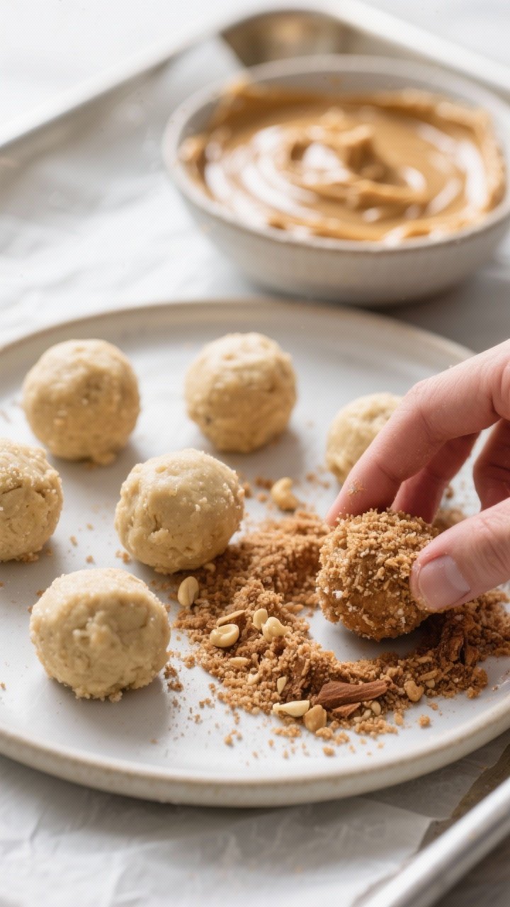 Cooking process: Chilled dough balls being rolled in a shallow plate of cinnamon and coconut sugar m