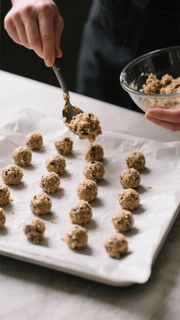 Cooking process: Chilled energy-ball mixture being scooped and formed on a parchment-lined sheet; ne