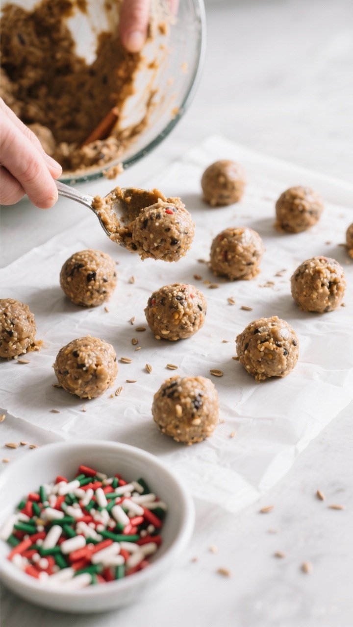 Cooking process: Chilled, set energy ball mixture being scooped and rolled into uniform balls on a p