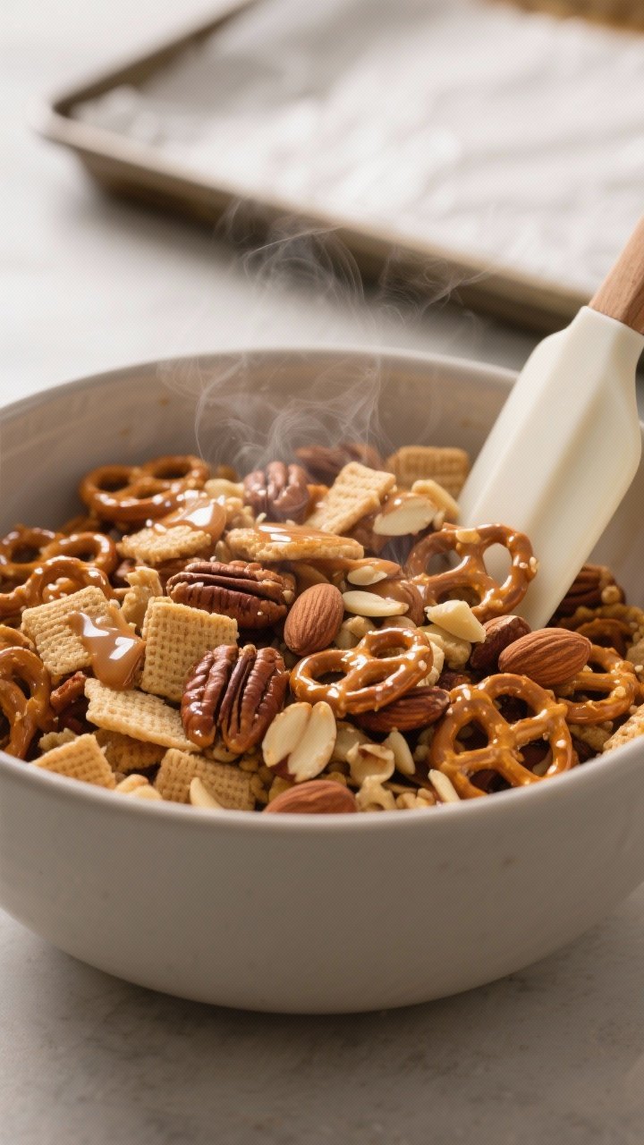 Cooking process, close-up: A large mixing bowl of Sleigh Ride Snack Mix just after glazing—glossy 