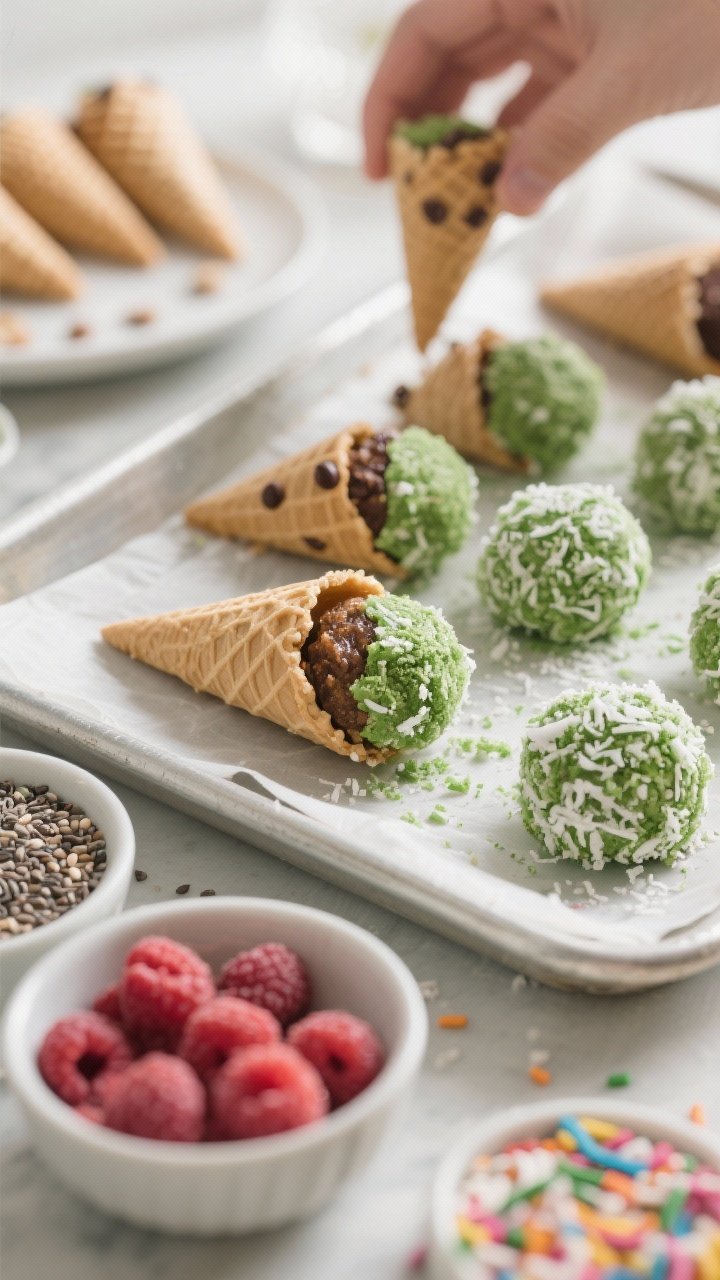 Cooking process close-up: A parchment-lined tray with freshly rolled mini cone-shaped energy balls b
