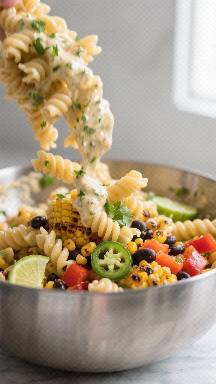 Cooking process, close-up: Close-up of al dente rotini being tossed in a large stainless bowl with t