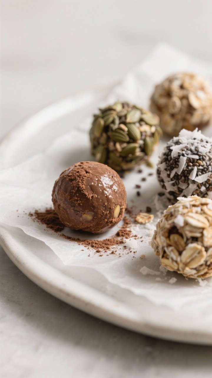 Cooking process, close-up detail: Close-up of freshly rolled Post-Christmas Sugar Detox Energy Balls