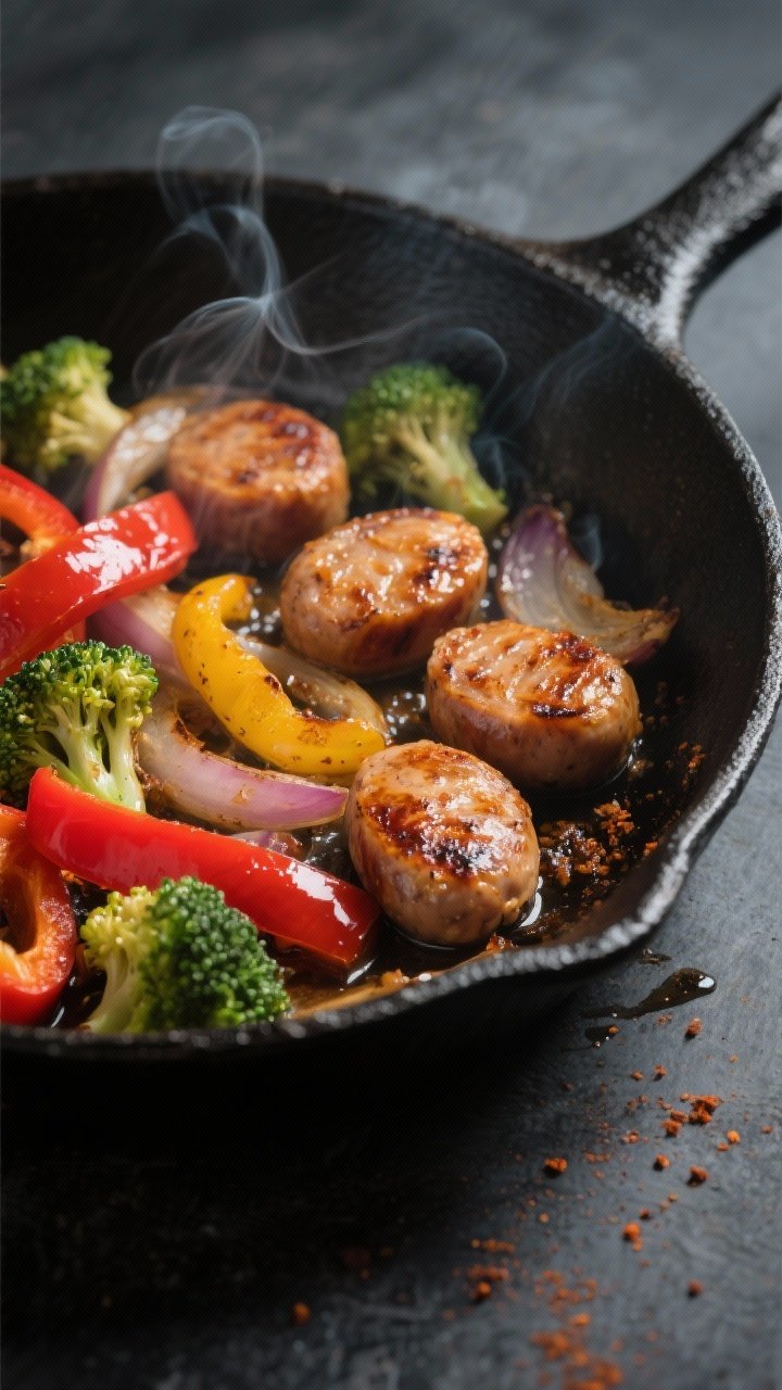 Cooking process, close-up detail: Sizzling sausage and veggie skillet at the browning stage, medium-