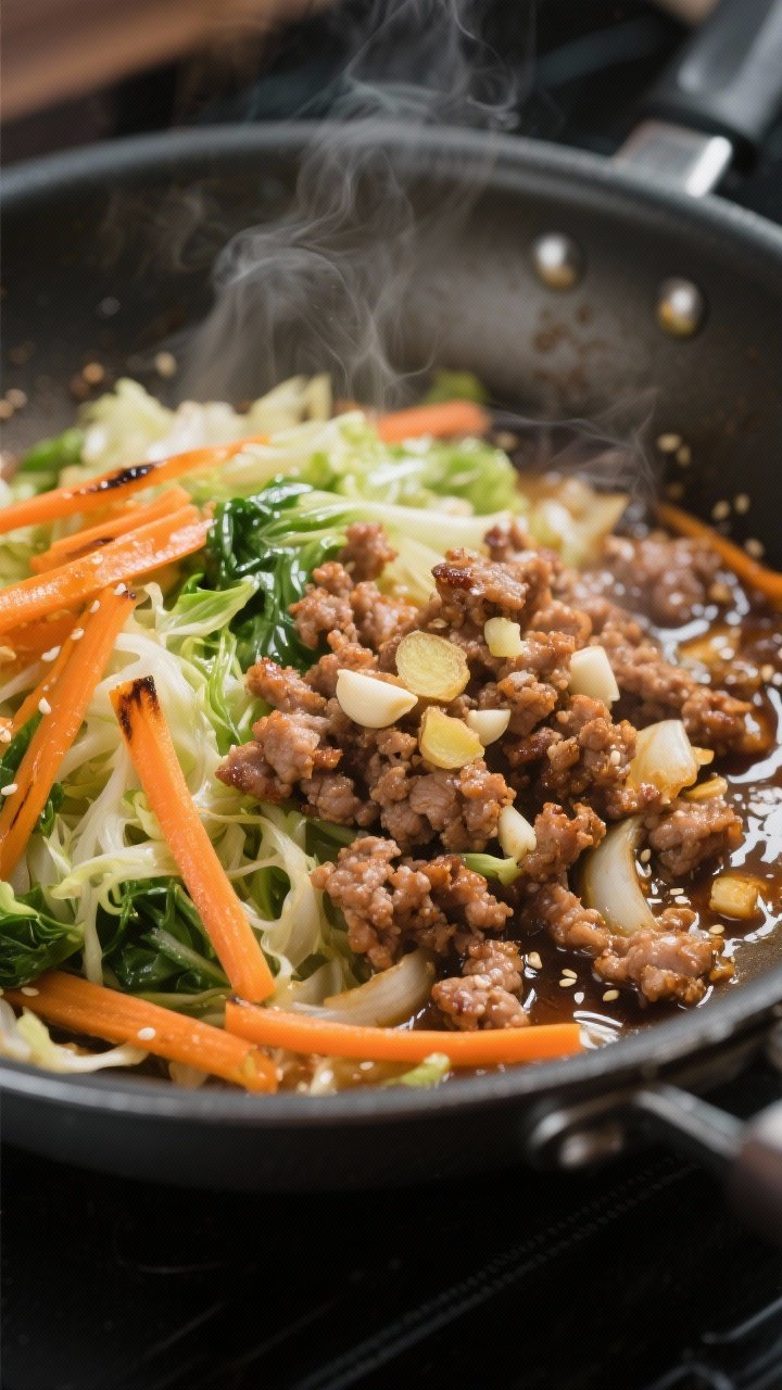 Cooking process close-up: In a wide stainless skillet over medium-high heat, browned crumbled ground