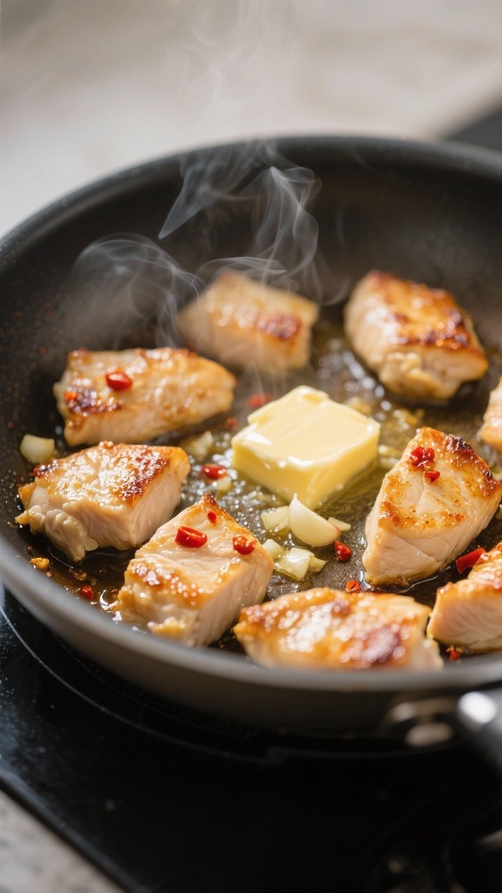 Cooking process, close-up: Searing bite-size chicken breast pieces in a wide stainless skillet, gold