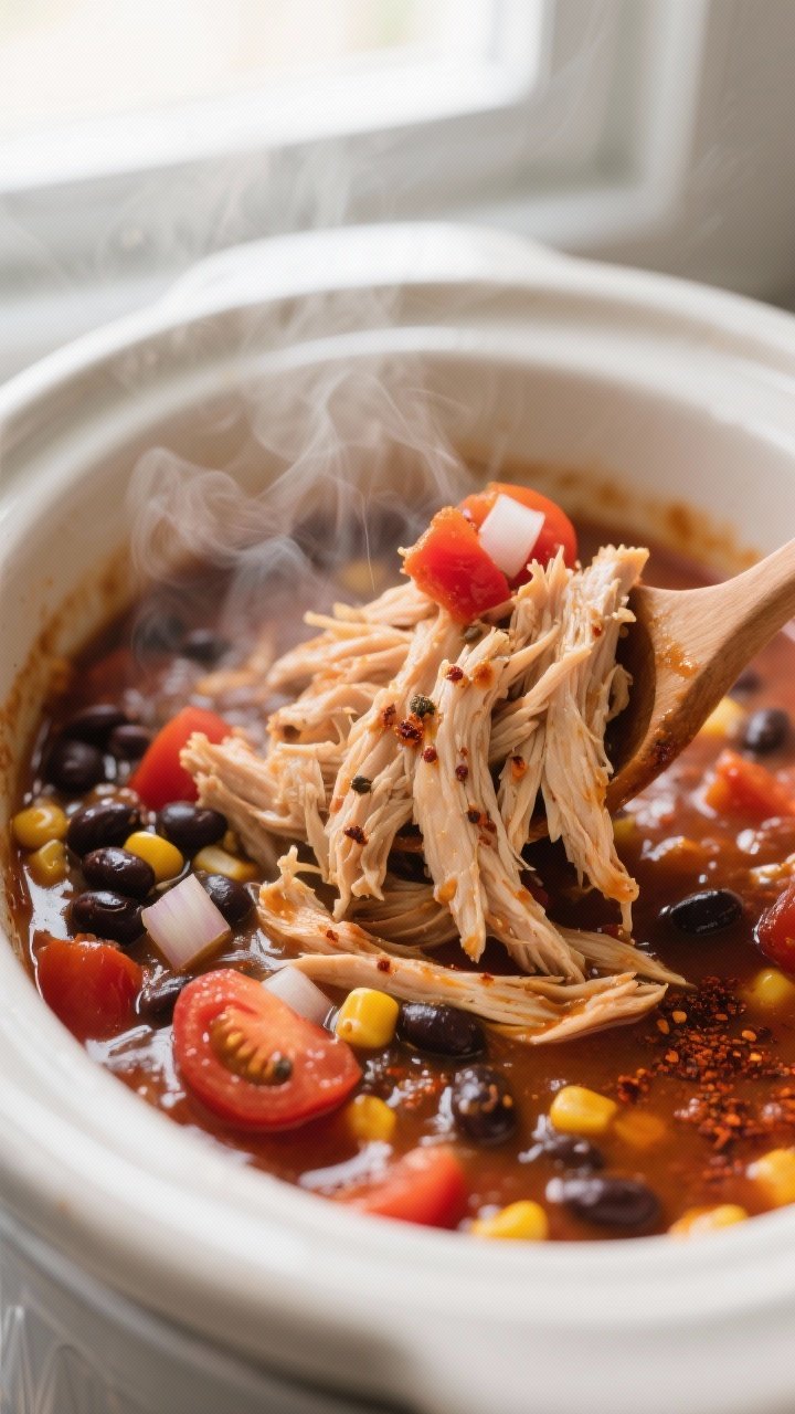 Cooking process close-up: Shredded slow-cooker chicken being folded back into its rich tomato-chile 