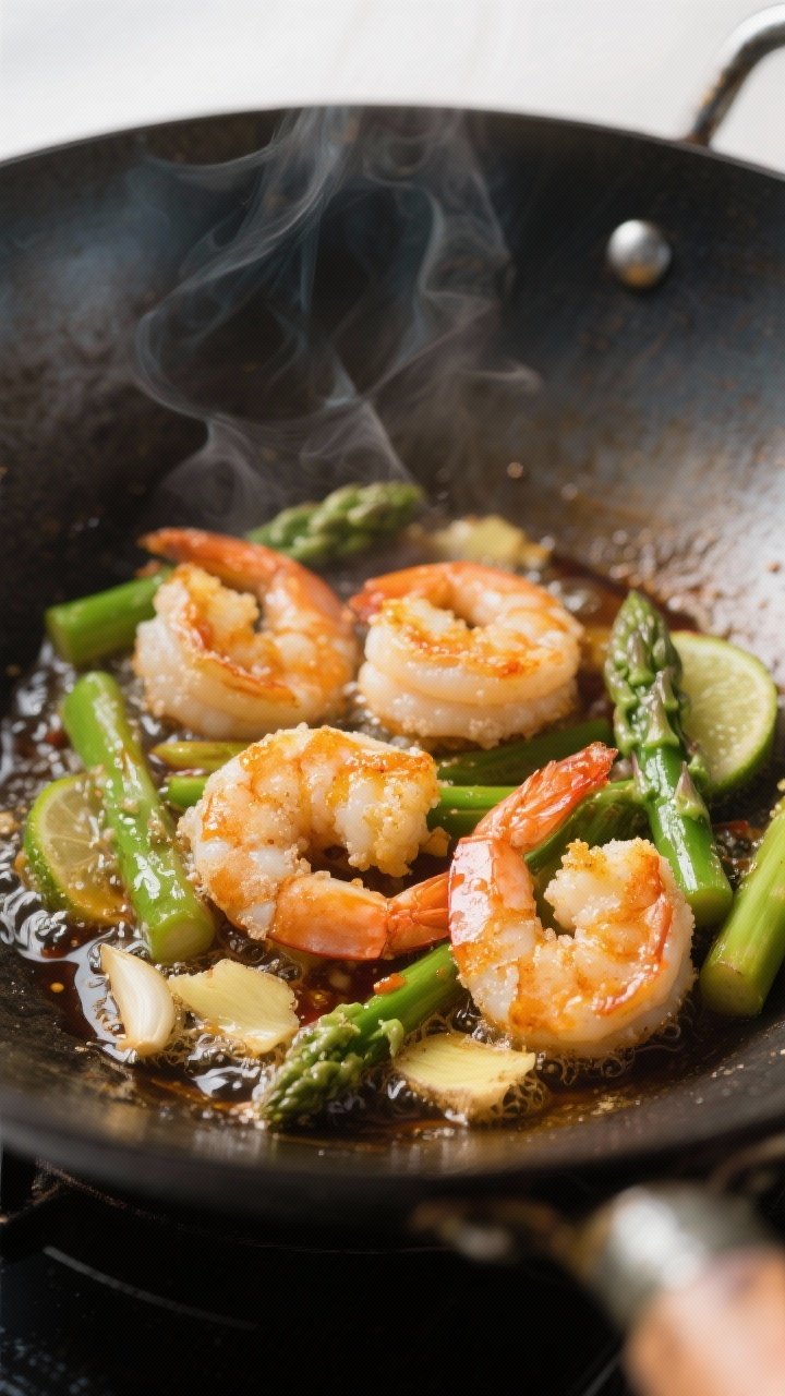 Cooking process, close-up: Sweet chili shrimp searing in a carbon-steel wok, shrimp coated in a ligh