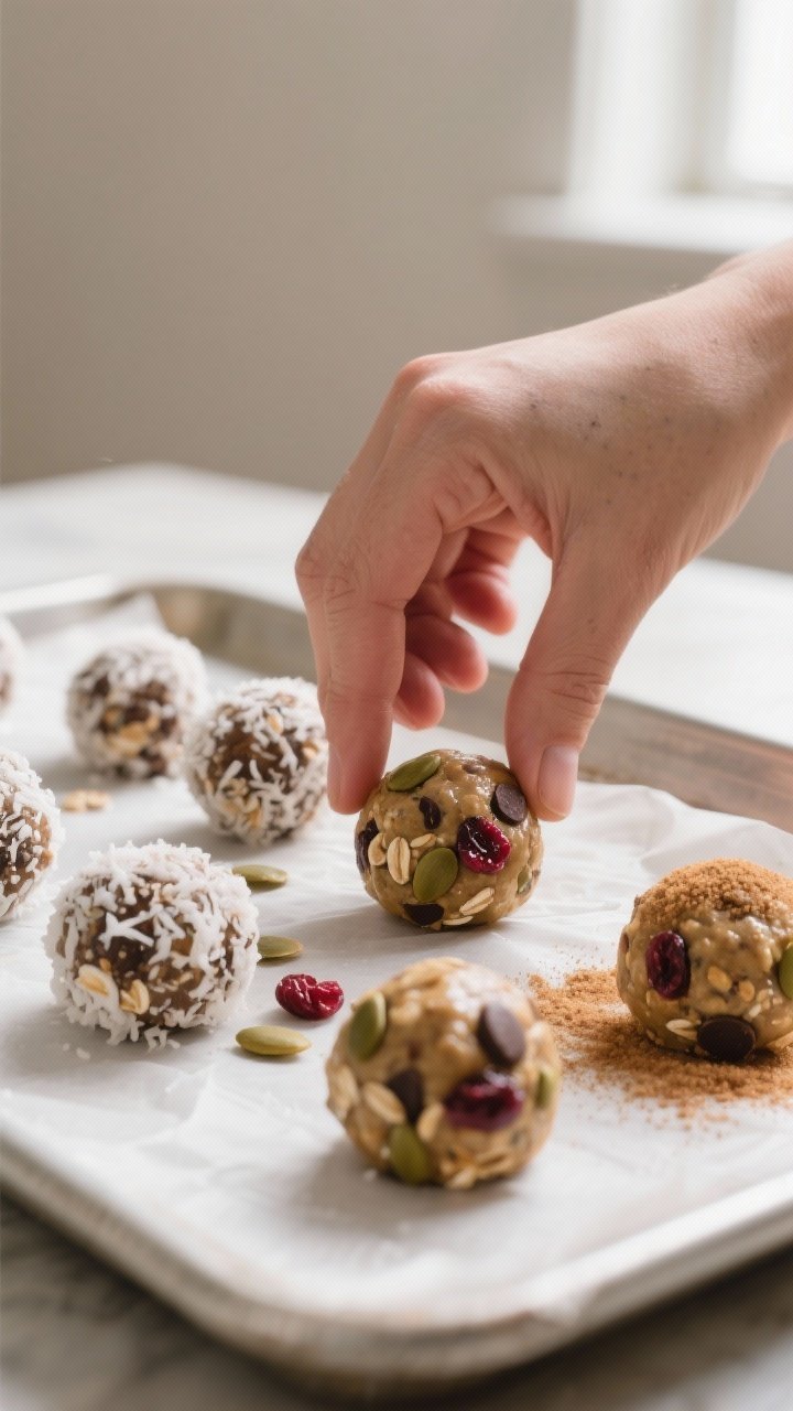 Cooking process close-up: Walnut-sized Harvest Spice Energy Balls being hand-rolled on a parchment-l
