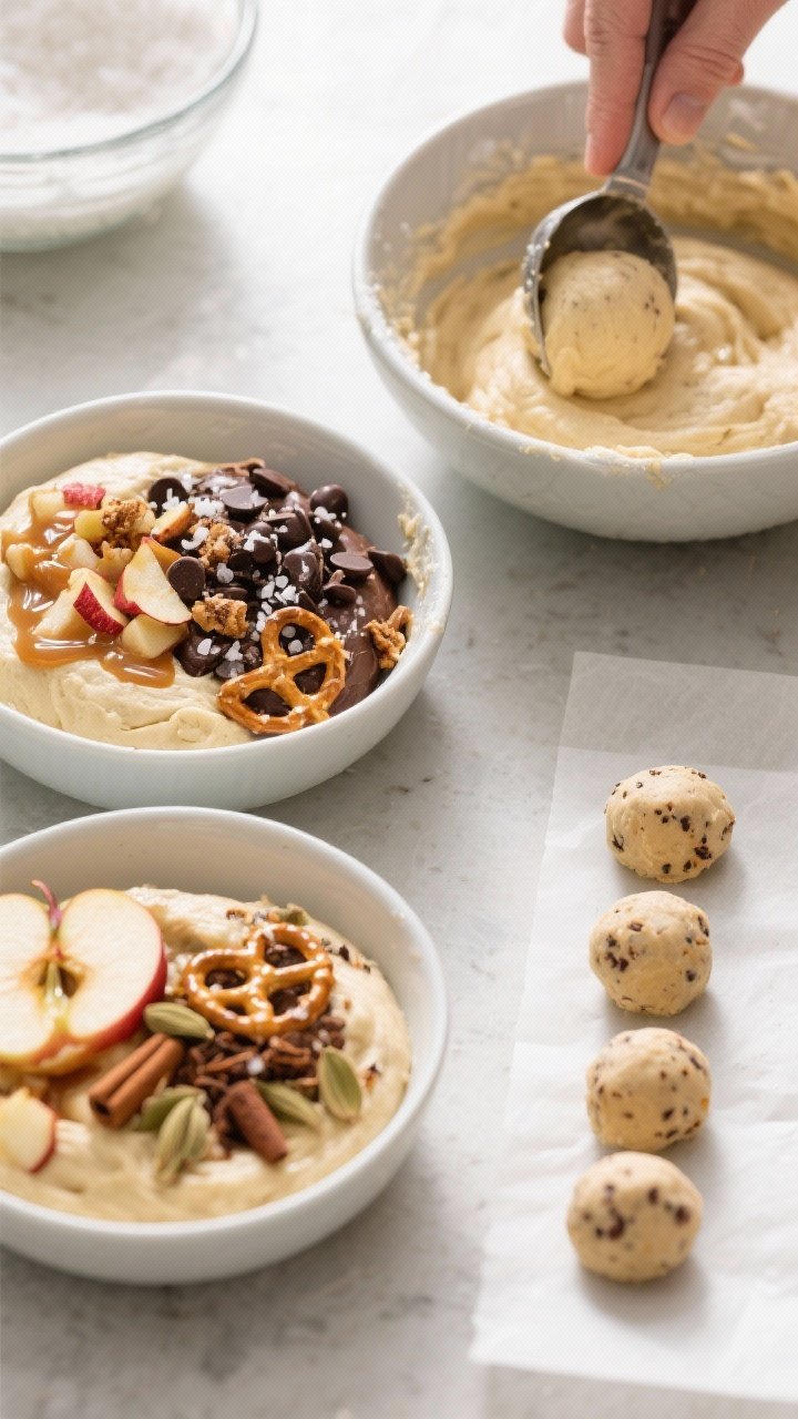 Cooking process: Divided base dough portions in small bowls mid-mix, each already combined with its 