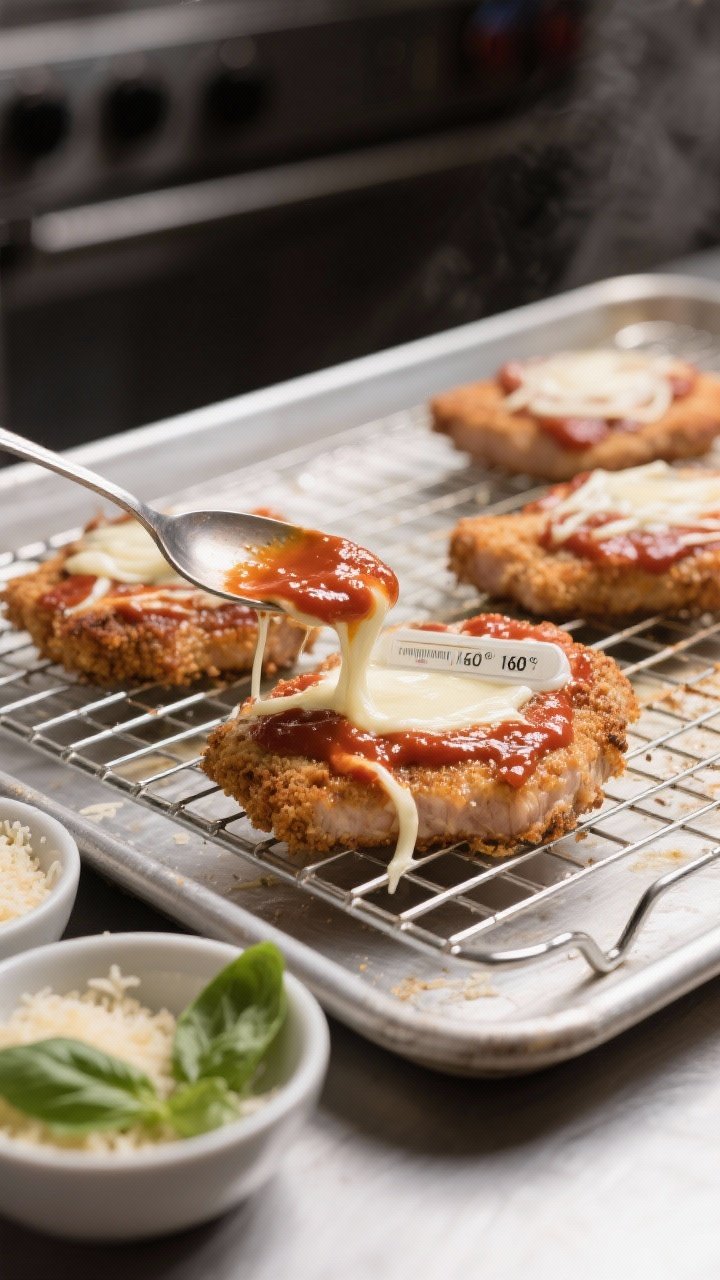 Cooking process: Mid-bake to finish stage—cutlets on a wire rack just after a light spooning of ma